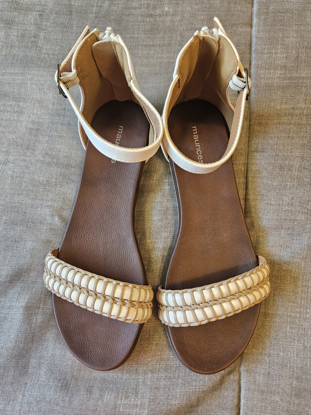Maurices Beige and Brown Braided Strap Ankle Buckle Sandals